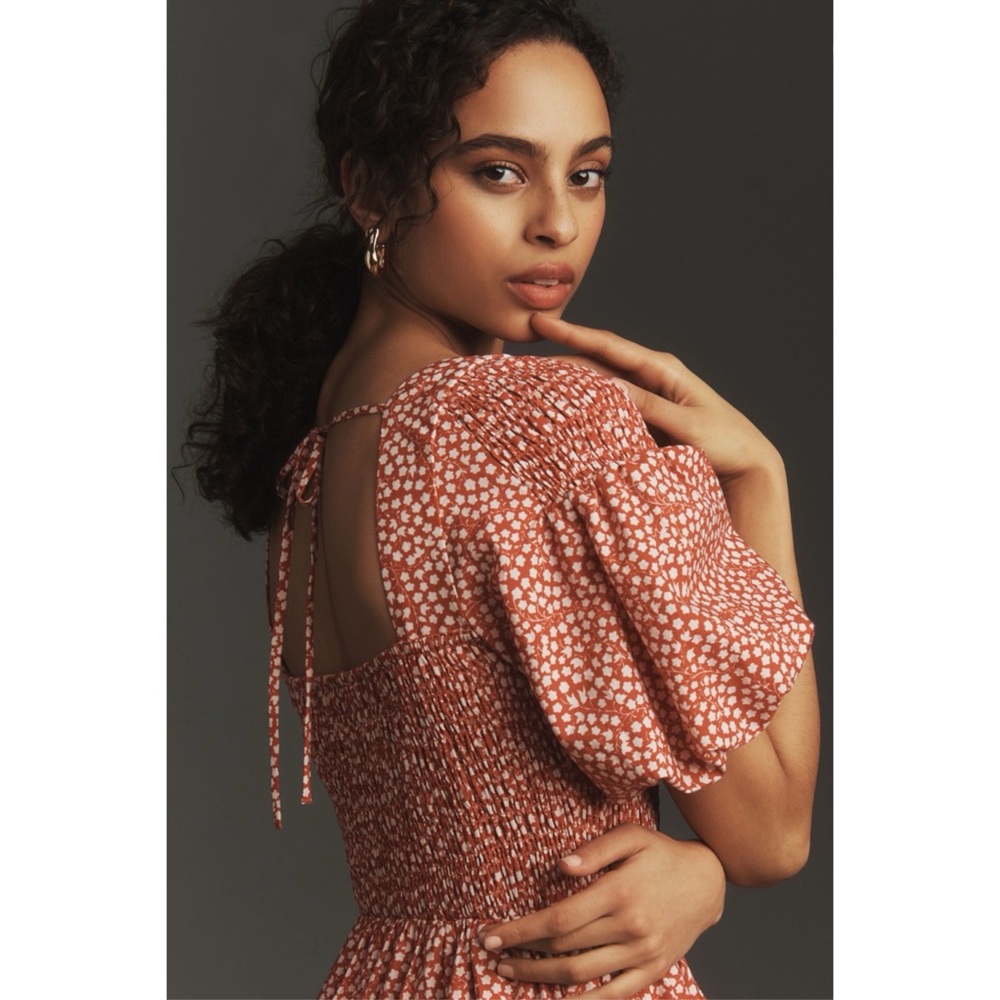 Anthropologie Red Floral Smocked Puff Sleeve Midi Dress Square Neck Large NWT - Picture 2 of 5